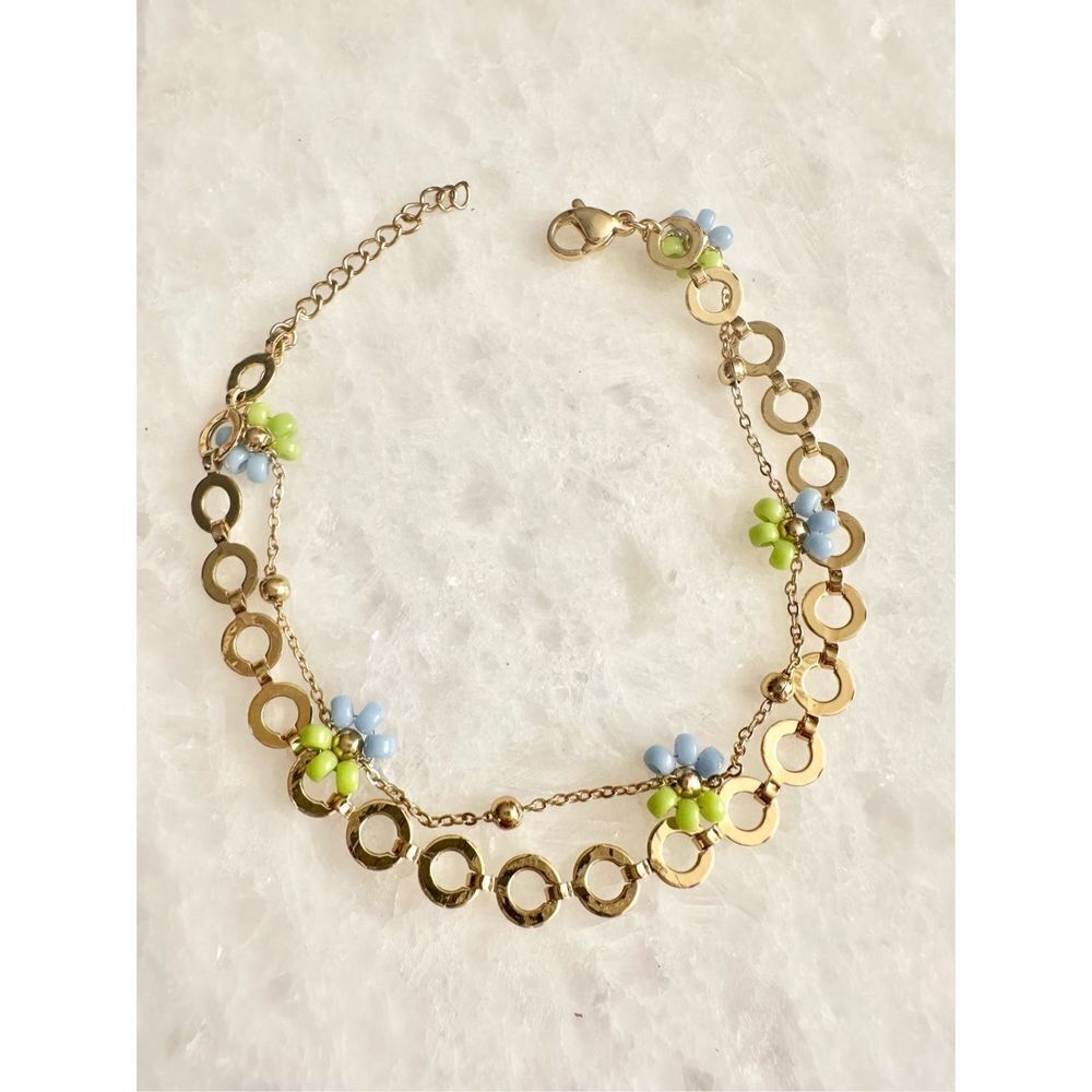 Delicate light blue and green beaded flower chain bracelet